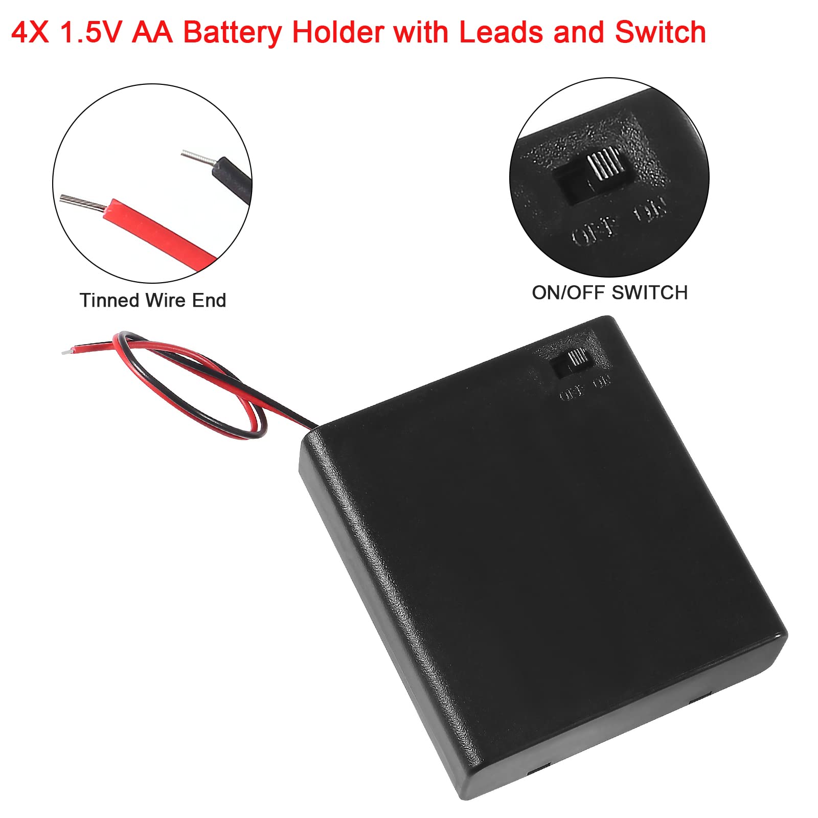 5-Pack 6V AA Battery Holder with Cover & ON/OFF Switch - 4x1.5V Battery Case with Wires for DIY Electronics, Flashlights, Toys, and Science Projects - Durable Plastic Battery Box for Easy Power Supply