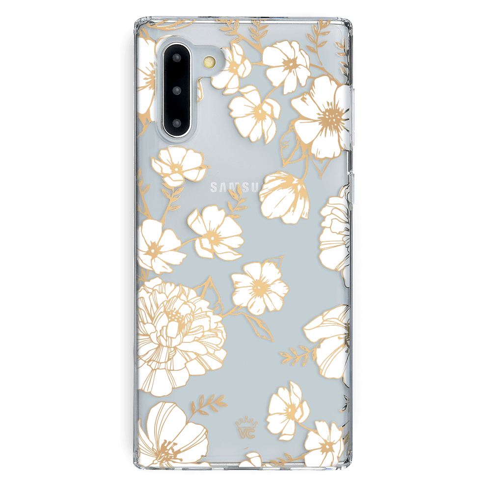 Elegant White and Gold Floral Clear Samsung Phone Case - Slim Protective Cover for Galaxy S21/S22/S23 - Perfect for Everyday Use, Travel & Gifting