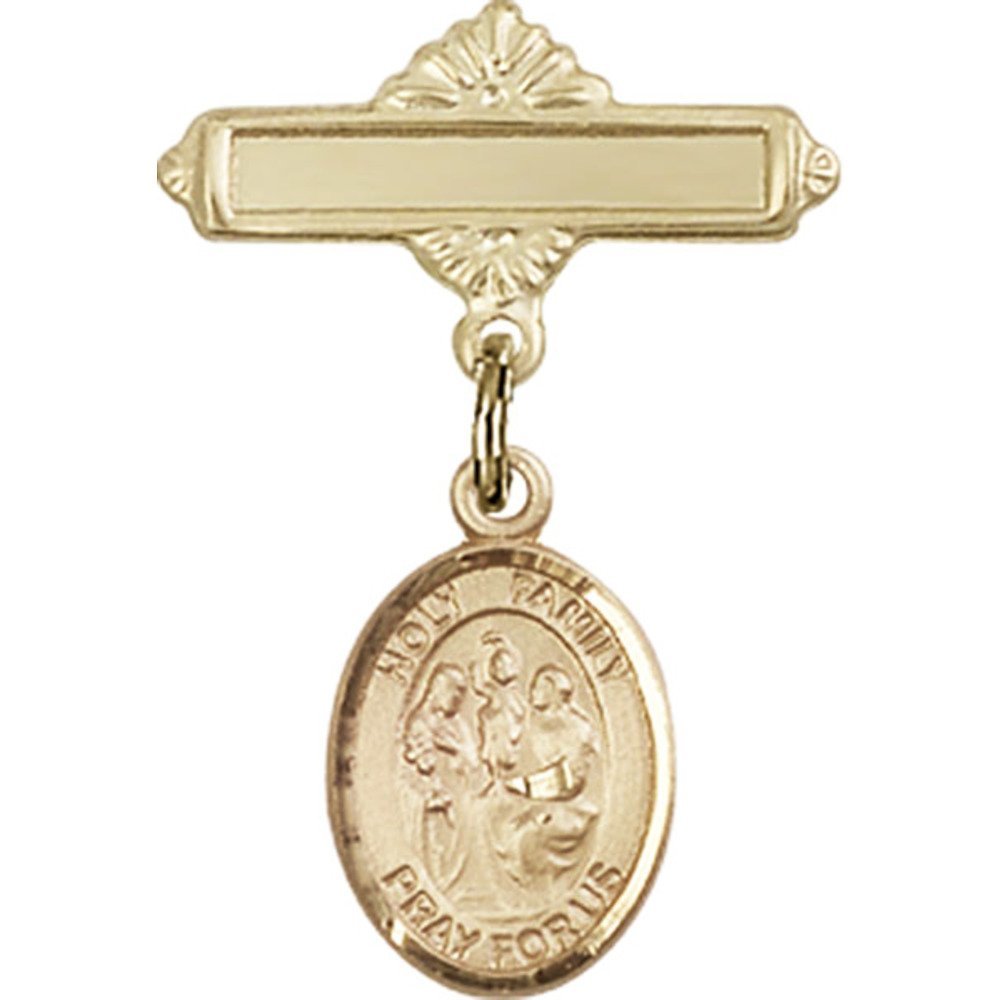Gold Filled Baby Badge with Holy Family Charm - 1 X 5/8 Inches Polished Pin - Perfect for Christening, Baptism Gifts & Baby Keepsakes