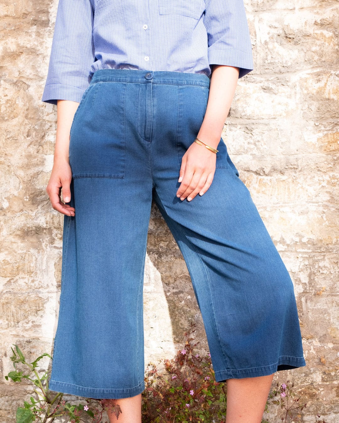 Carrie Women's High Waisted Cotton Culottes | Textured Denim Pants | Casual & Office Wear | Perfect for Summer Outfits & Travel