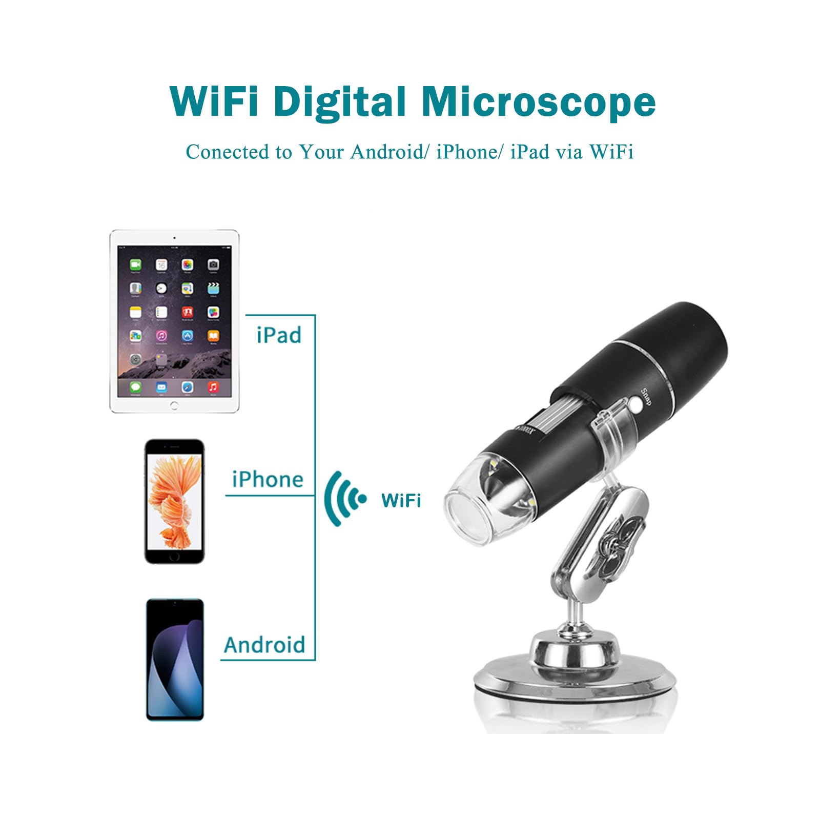 50X-1000X WiFi Digital Microscope - Wireless Handheld Magnifier Camera with 8 LED Lights - Compatible with Android/iOS Smartphones & Tablets - Perfect for Coin Collecting, Jewelry Inspection & Science Education