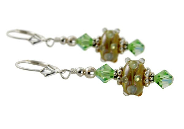 Golden Green Lampwork Bead Earrings - Handmade Glass Jewelry for Women | Boho Chic Dangle Earrings for Parties, Weddings & Everyday Wear