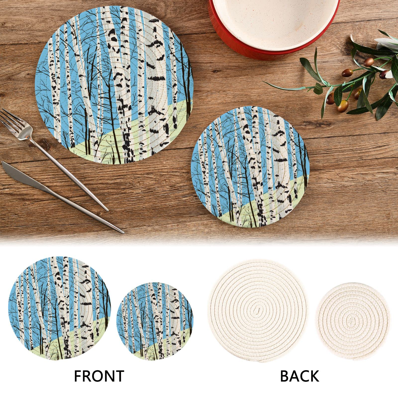 Birch Grove Spring Cotton Pot Holders Set of 2 - Heat Resistant Woven Coasters & Kitchen Hot Pads for Cooking, Baking & Serving - Perfect for Stovetop, Oven & Table Protection