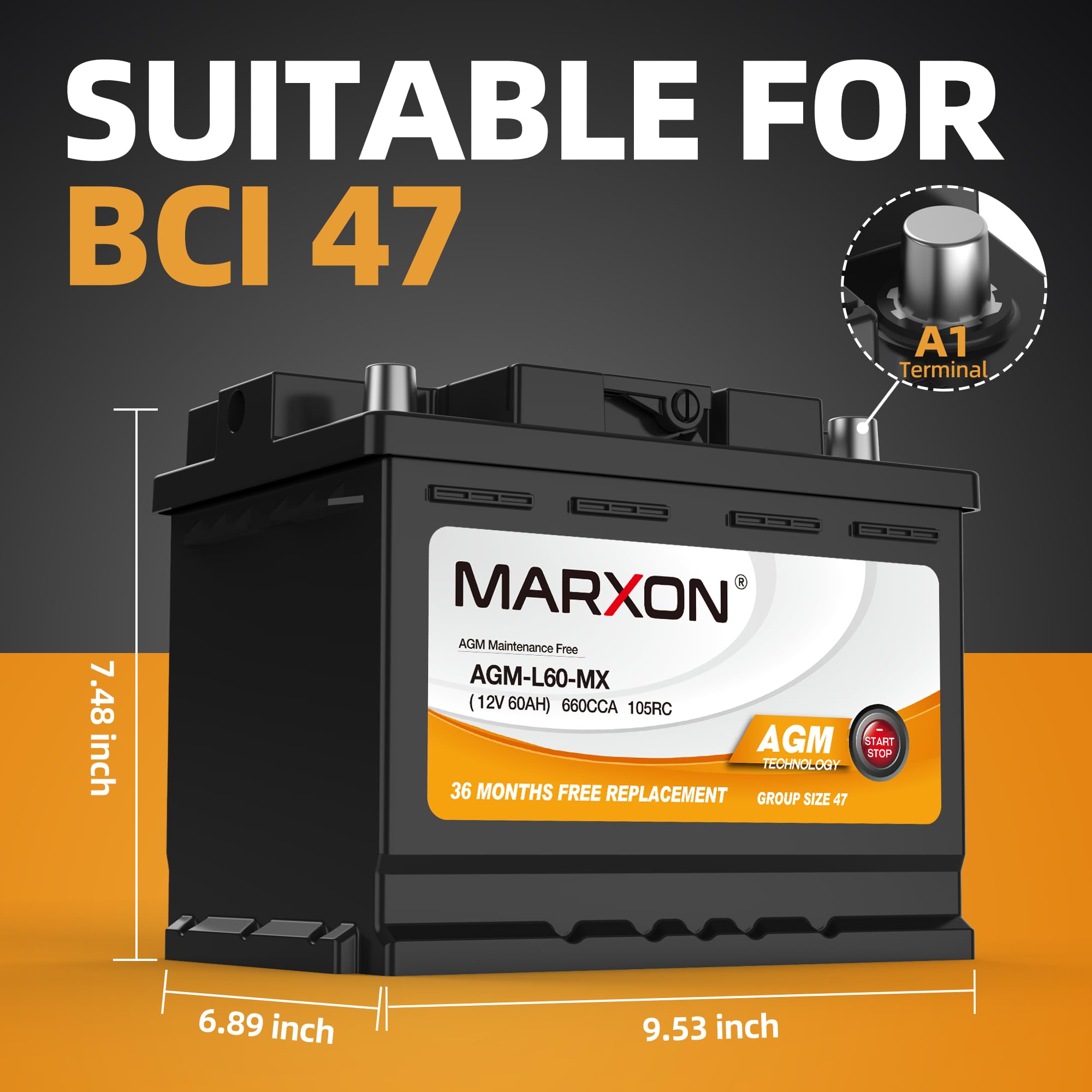 MARXON Group 47 H5 L2 AGM Battery 12V 60AH 660CCA - Maintenance Free Start-Stop Car Battery - BCI47 Replacement for Automotive Vehicles - Perfect for Stop-Start Technology Cars, SUVs and Trucks