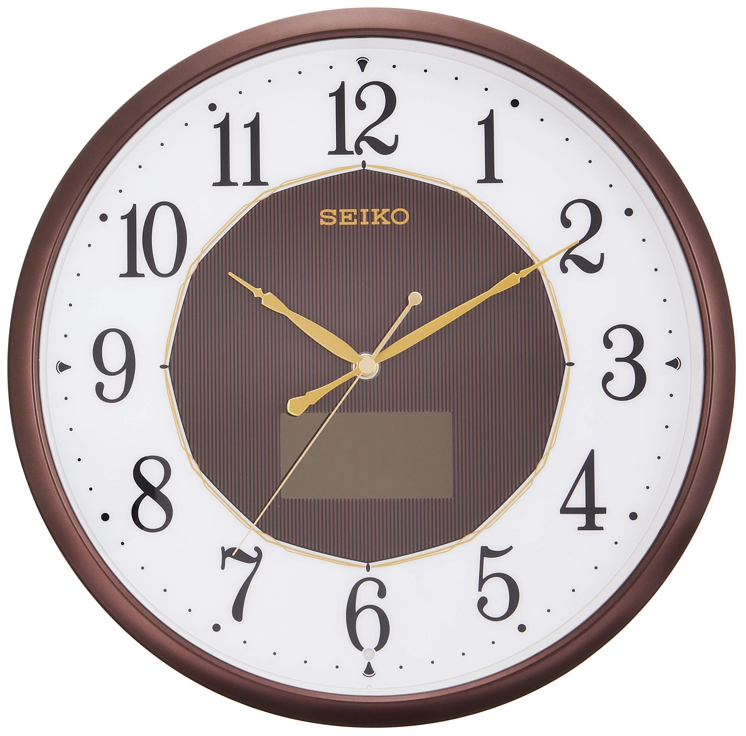 Seiko Hybrid Solar Radio Hanging Wall Clock with Atomic Timekeeping - SF241B (Tea Color) for Living Room, Bedroom, Office, and Kitchen Decor