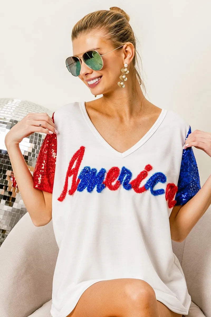 BiBi Metallic Letter V-Neck Sequin Sleeves Top for Women | Party Wear, Club Outfit, Evening Dress, Special Occasion Fashion