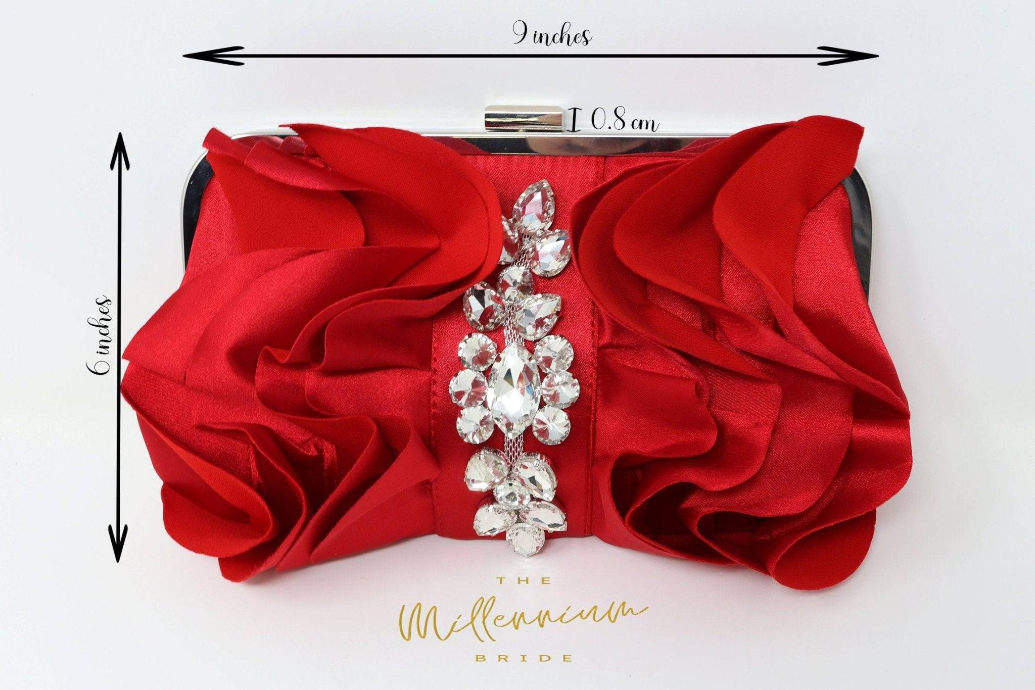 Red Rose Crystal Satin Floral Wedding Clutch Purse - Elegant Evening Bag for Brides, Prom & Special Occasions - Crossbody Statement Purse for Weddings, Parties & Formal Events