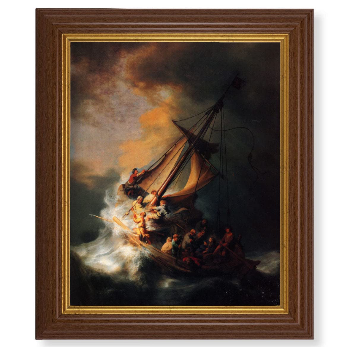 The Storm on the Sea of Galilee Framed Wall Art - Large Traditional Dark Walnut Fluted Frame with Gold Beaded Edge - Perfect for Living Room, Bedroom, or Office Decor