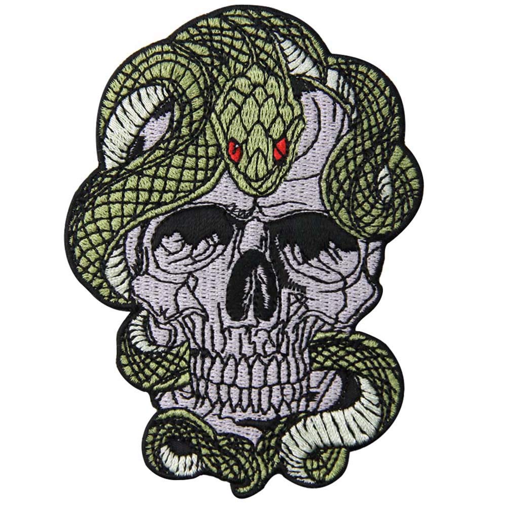 Snake and Skull Embroidered Patch - Iron On or Sew On Badge for Jackets, Hats, Bags - Gothic Punk Style DIY Accessories for Clothing and Backpacks