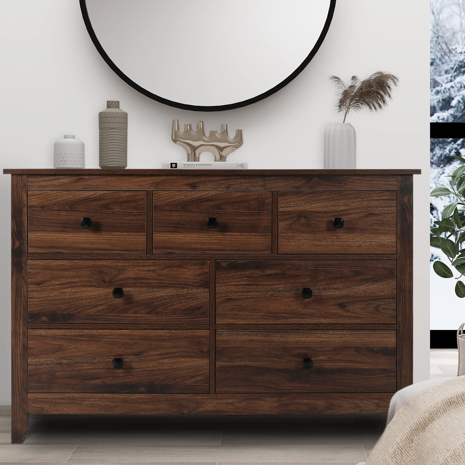 Vikiullf 7-Drawer Wooden Dresser - Solid Wood Storage Cabinet for Bedroom, Living Room, Nursery & Kids Room (Brown Wood Grain) | Perfect for Organizing Clothes, Toys & Home Essentials