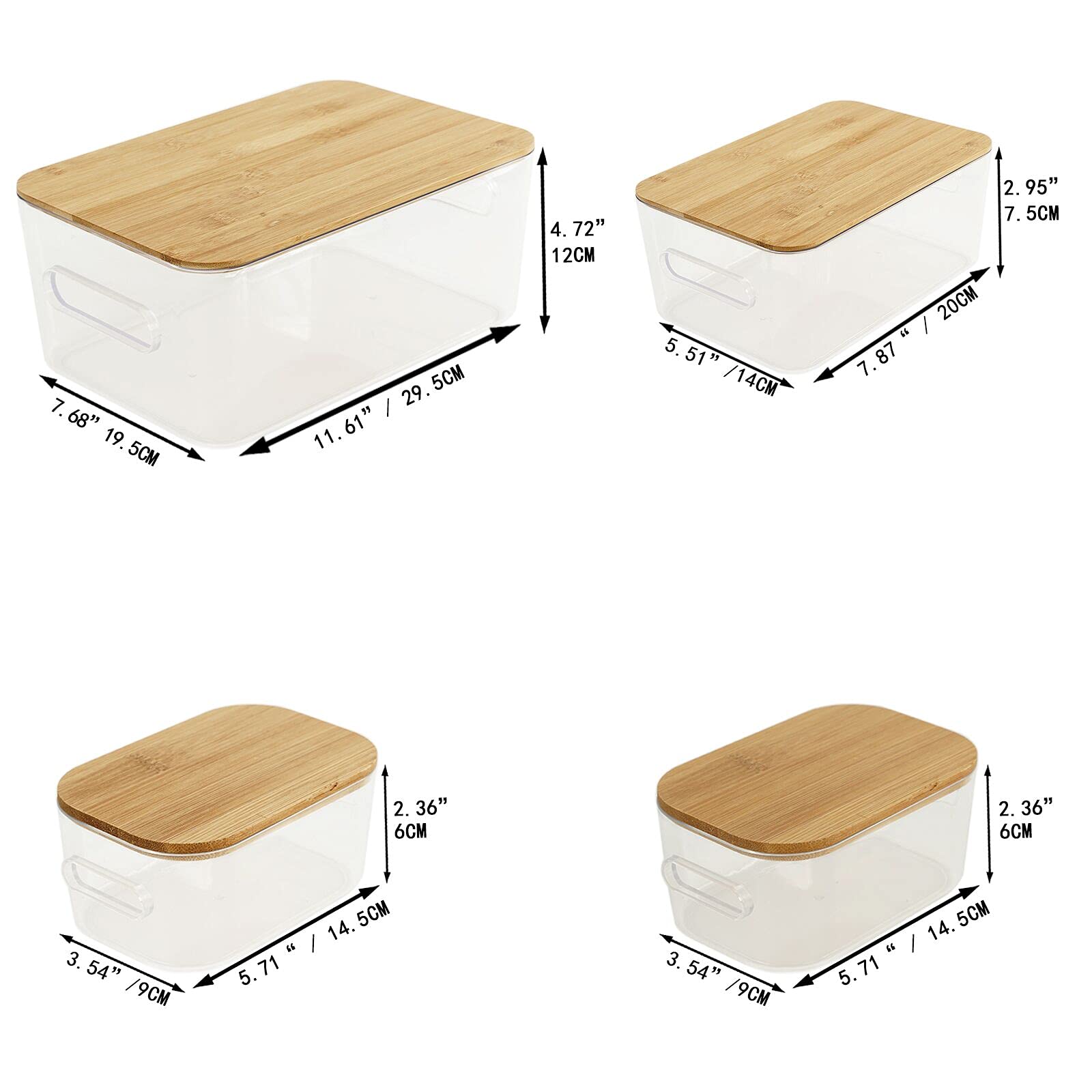 Clear Plastic Storage Organizer Bins with Bamboo Lids - 4 Pack (3 Sizes) for Home Office, Kitchen, Pantry & Craft Rooms | Space-Saving Storage Solution for Shelves, Cupboards & Medicine Cabinets