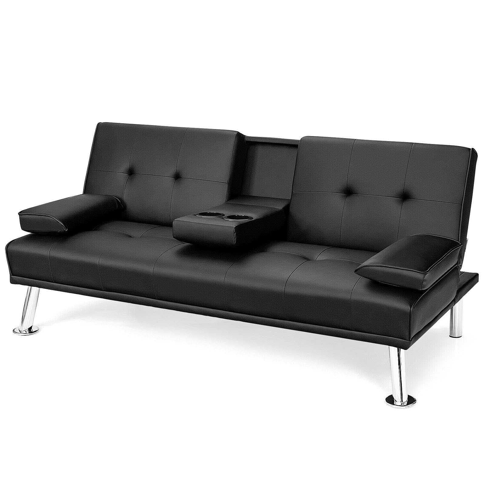 Convertible PU Leather Futon Sofa Bed - 3 in 1 Design with Adjustable Backrest, Metal Legs & Cup Holders | Perfect for Small Spaces, Guest Rooms & Home Offices | Black Modern Sleeper Sofa for Apartments & Dorms
