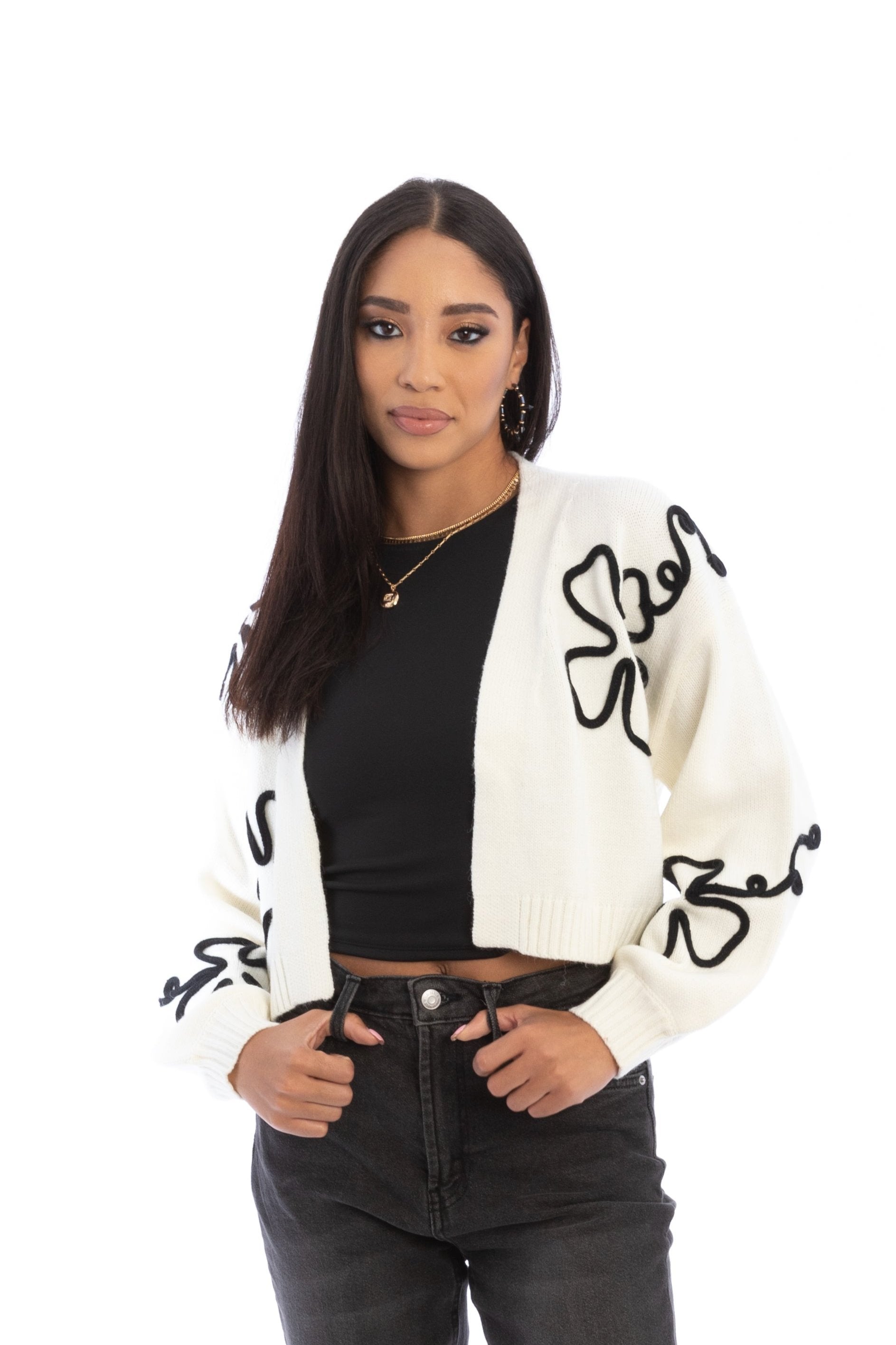 Cropped Floral Cardigan Squiggle - Women's Lightweight Knit Sweater for Spring & Summer - Perfect for Casual Outfits, Beach Cover-Ups, and Layering