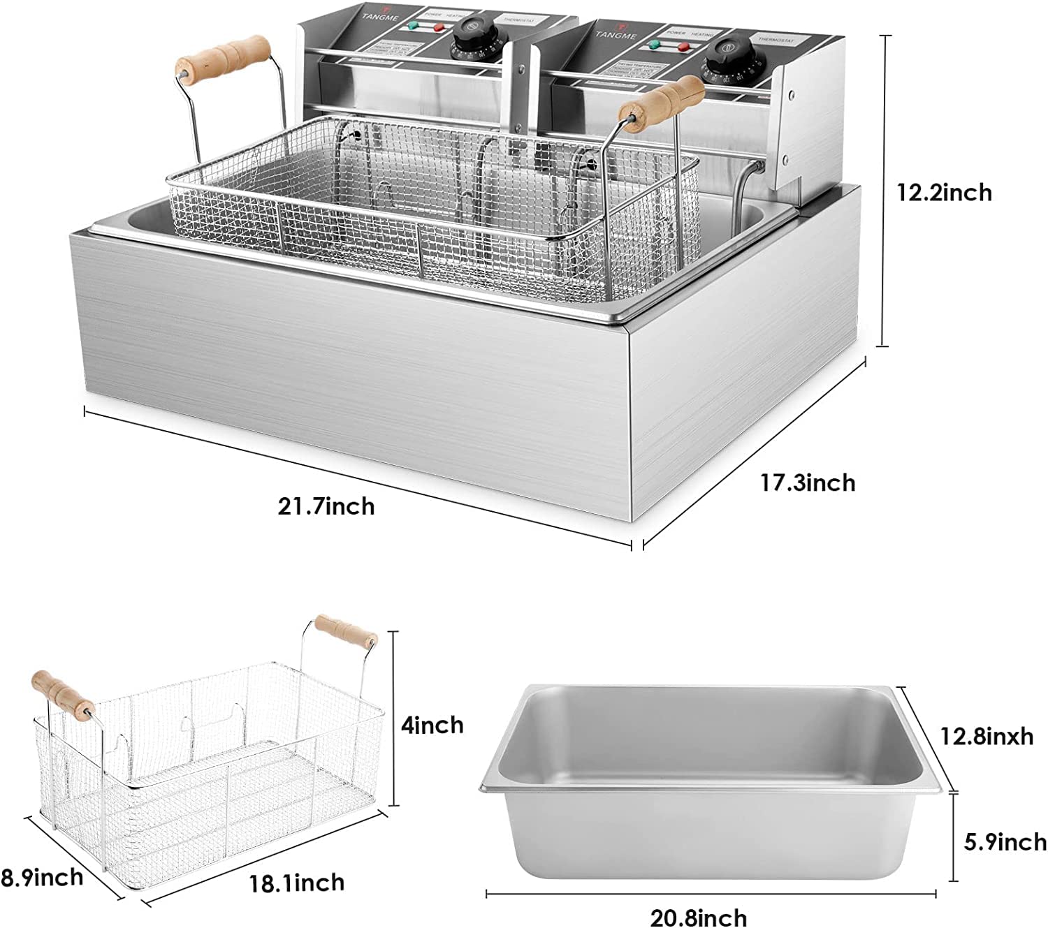Commercial Deep Fryer 3400W Electric Countertop Fryer with 3 Baskets - 22L/23.25Qt Stainless Steel Restaurant Fryer with Temperature Limiter & UL Certification - Perfect for Fast Food, Chicken Wings, French Fries & Donuts