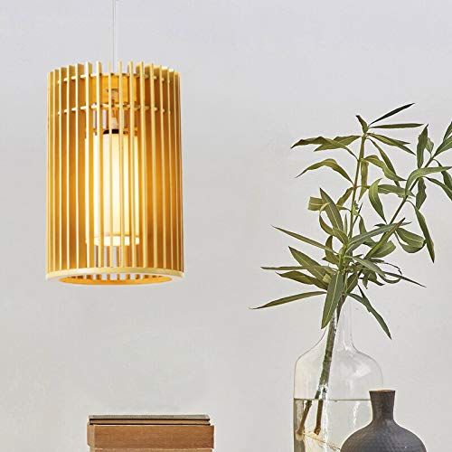 Kiven 1-Light Plug-in Pendant Light Fixture - 15FT Clear Cord with Dimmer Switch - Natural Wooden Ceiling Light for Living Room, Bedroom & Kitchen Decor