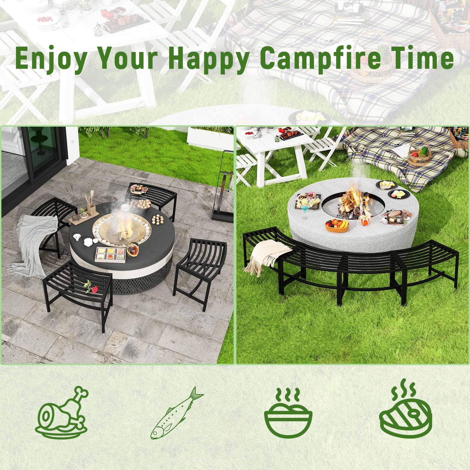 4-Piece Metal Curved Fire Pit Bench Set - Heavy Duty Steel Backless Outdoor Seating for Garden, Patio, Porch & Backyard - Perfect for Campfires, Outdoor Gatherings & Garden Decor (Black, Style 1)