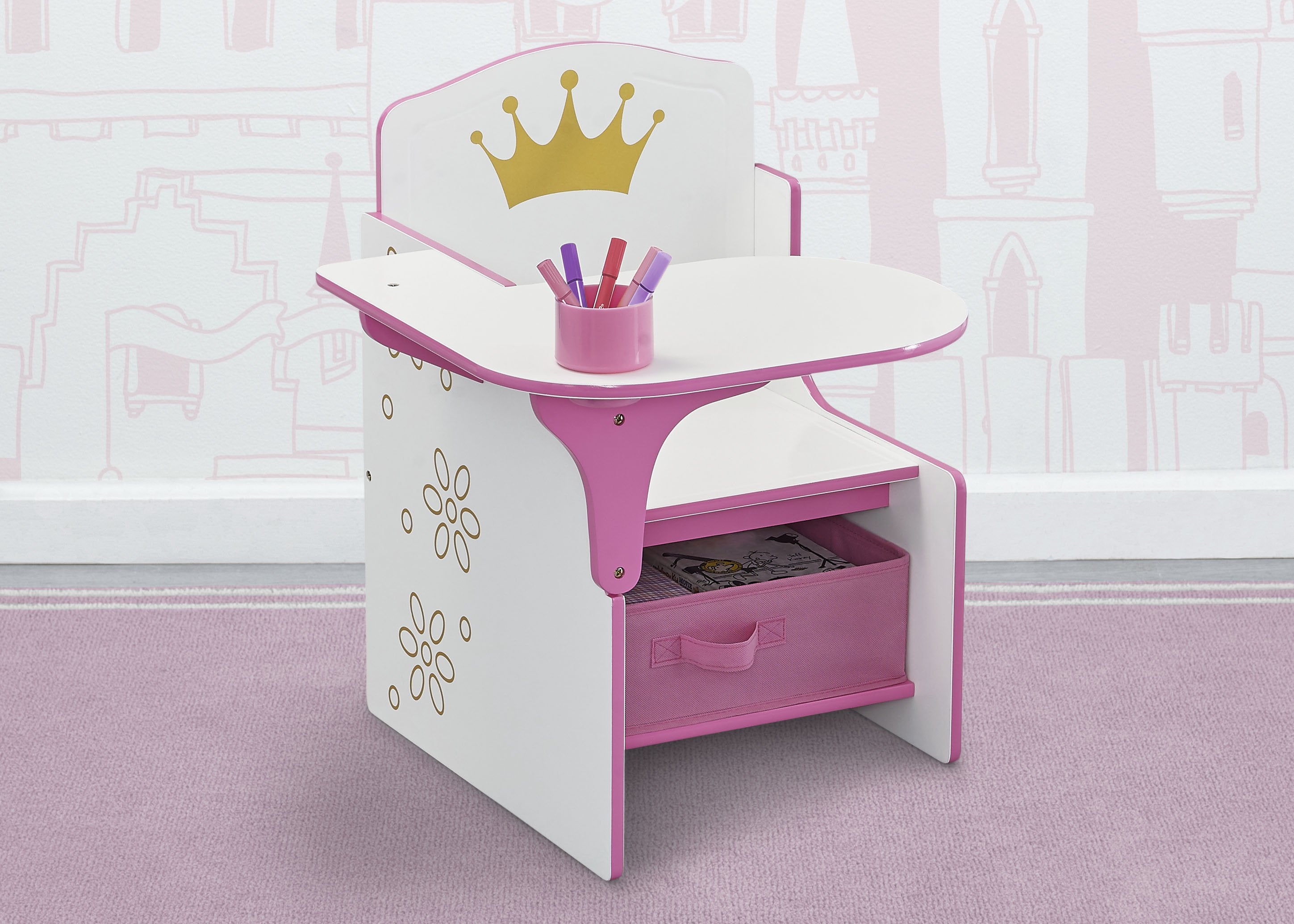 Royal Princess Crown Chair Desk with Storage Bin - Kids Study Table & Organizer for Bedroom, Playroom, or Homeschooling