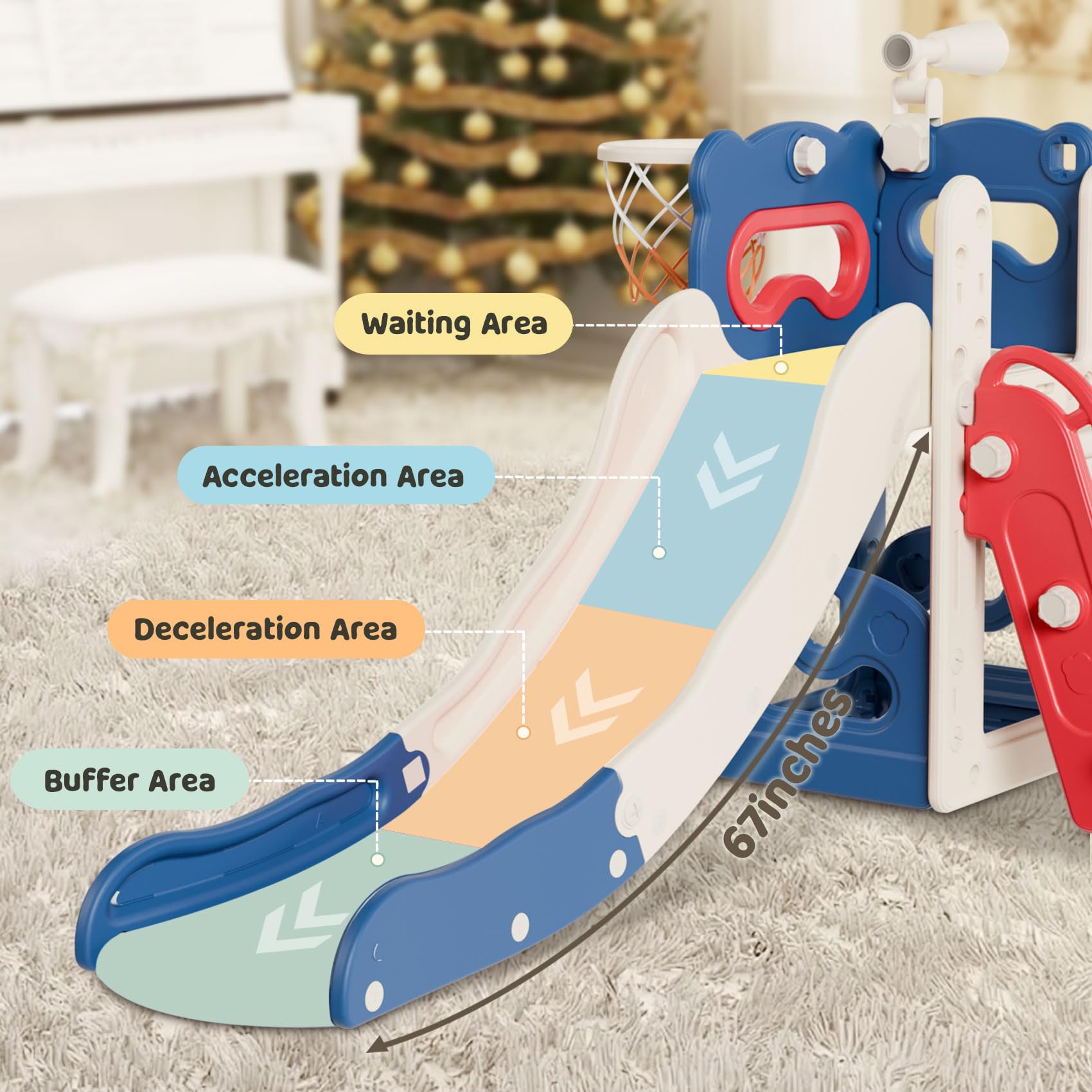 Babytronic 6-in-1 Toddler Slide Playset for Kids Ages 1-3 | Indoor & Outdoor Slide with Basketball Hoop & Telescope | Blue & Red Playground Toy for Backyard, Nursery & Daycare