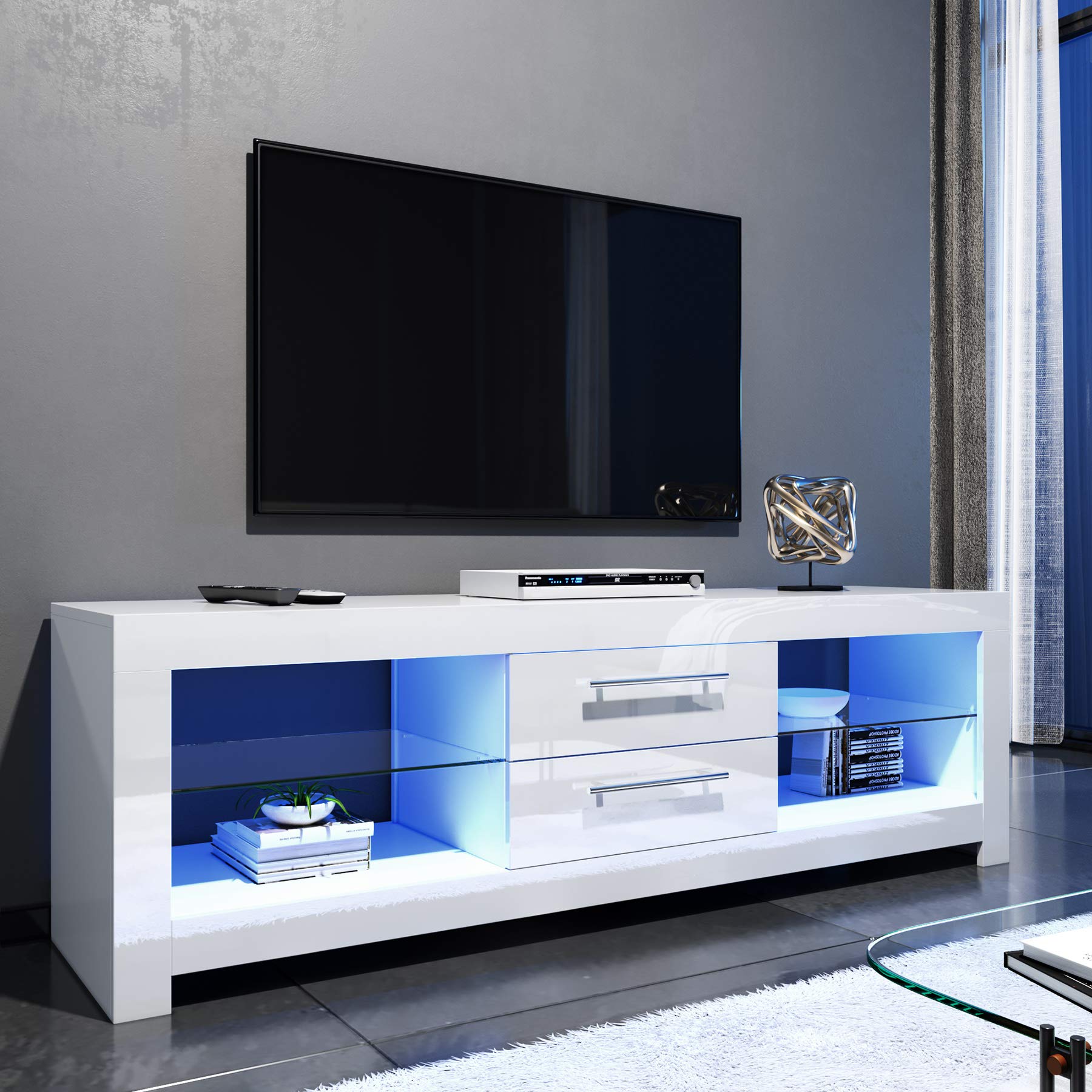 Modern White Glossy 1600mm LED TV Stand with Ambient Lighting - Storage Cabinet for 32-65 Inch 4K TVs - Elegant Living Room & Bedroom Furniture for Home Entertainment Setup