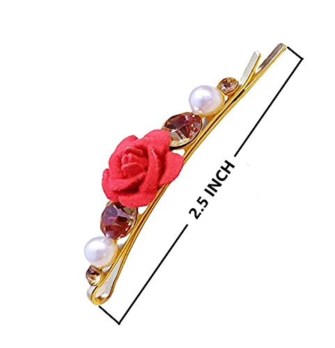 SIYAA 4-Piece Hair Clip Set - Elegant Metal Hair Clips with Red Rose Flower, Golden Stone & Pearl for Women & Girls | Perfect for Weddings, Parties & Daily Styling