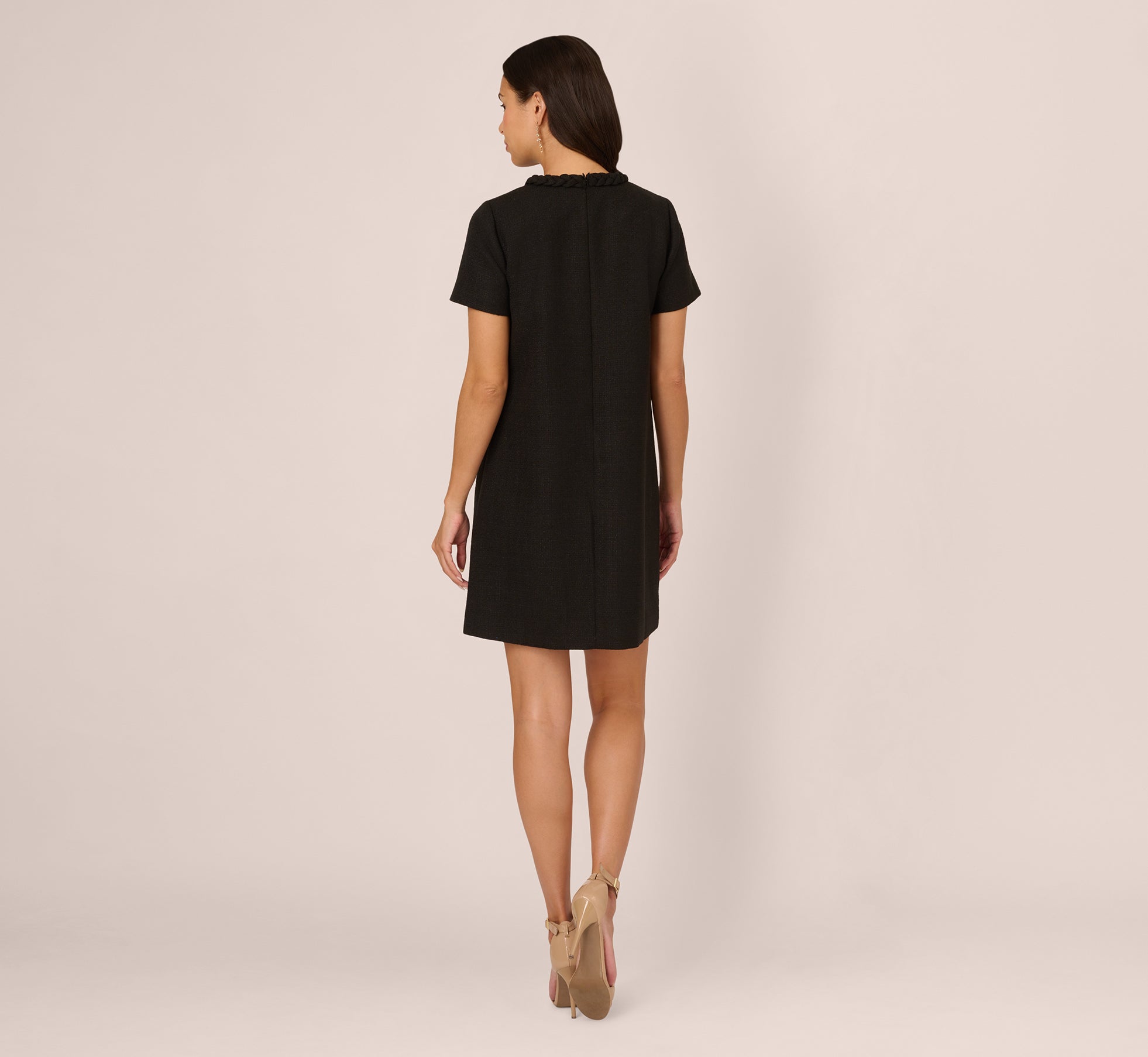 Elegant Black Tweed Sheath Dress with Short Sleeves - Perfect for Office Wear, Cocktail Parties & Formal Events