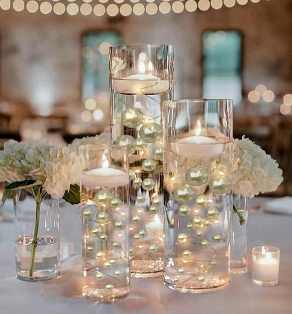 750 Floating Ivory/Off White Pearls - 10 Gallon Capacity for Floating Effect - Includes Measured Floating Gel Prep Bags & Warm White Submersible Fairy Lights - Perfect for Weddings, Centerpieces, Baths, and Home Decor