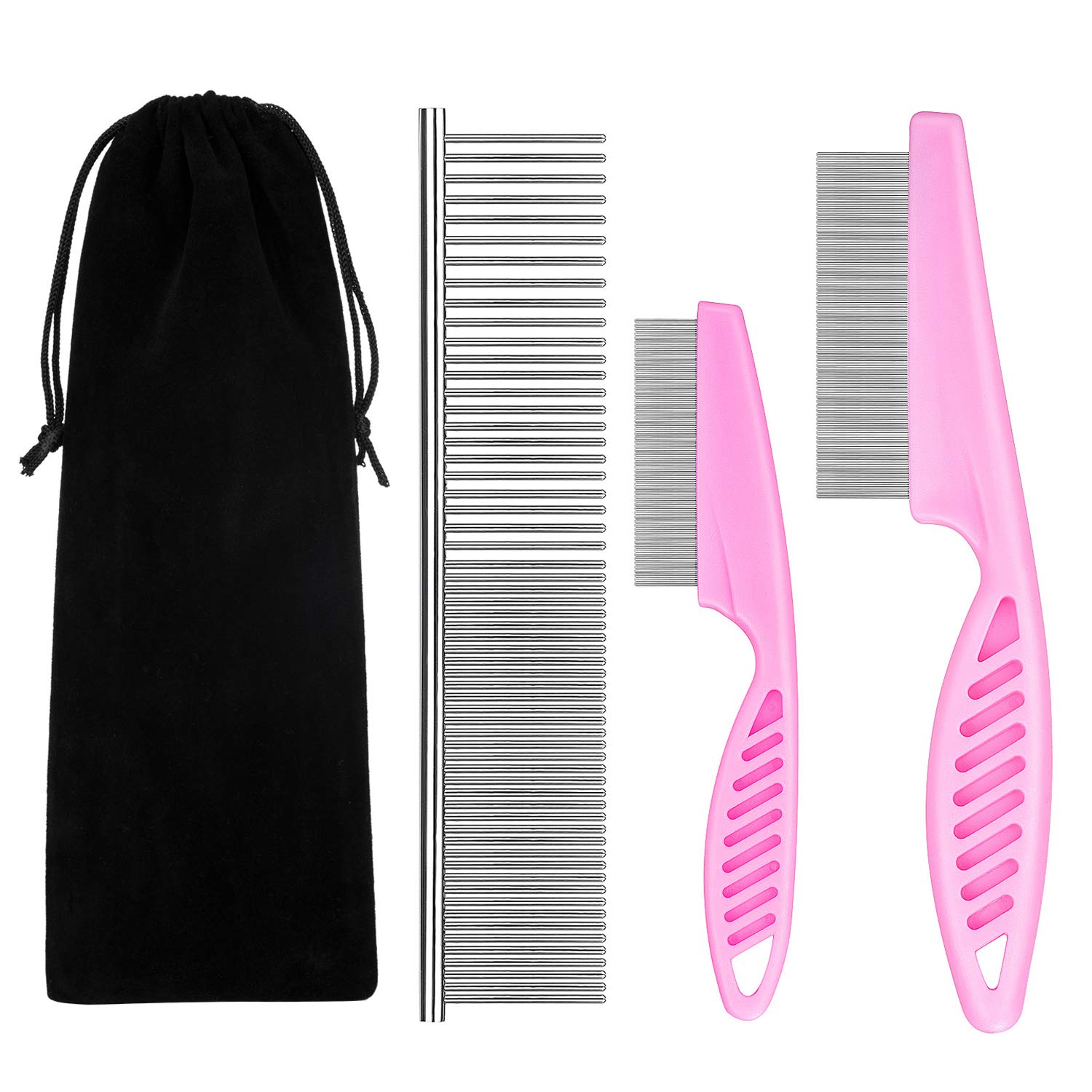 **Premium Metal Flea Comb for Cats & Dogs - Durable Lice & Tear Stain Remover, Detangling Pet Grooming Set with Storage Pouch (3-Piece, Pink) – Perfect for Daily Grooming & Removing Tangles, Dandruff, and Loose Hair**