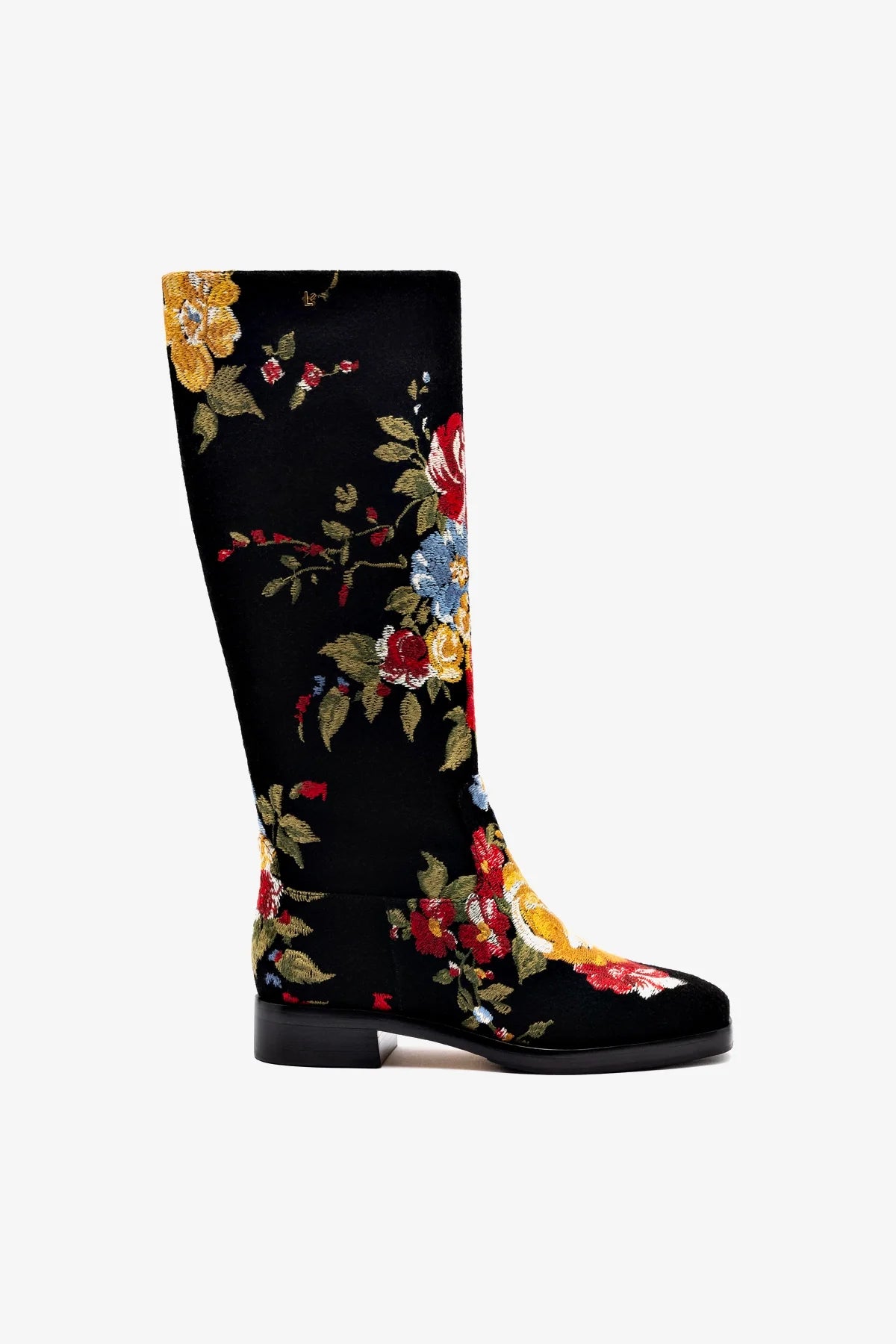 Larroudé x Markarian Black Wool Flat Boots with Floral Embroidery - Stylish Winter Ankle Boots for Women, Perfect for Casual Outings and Office Wear