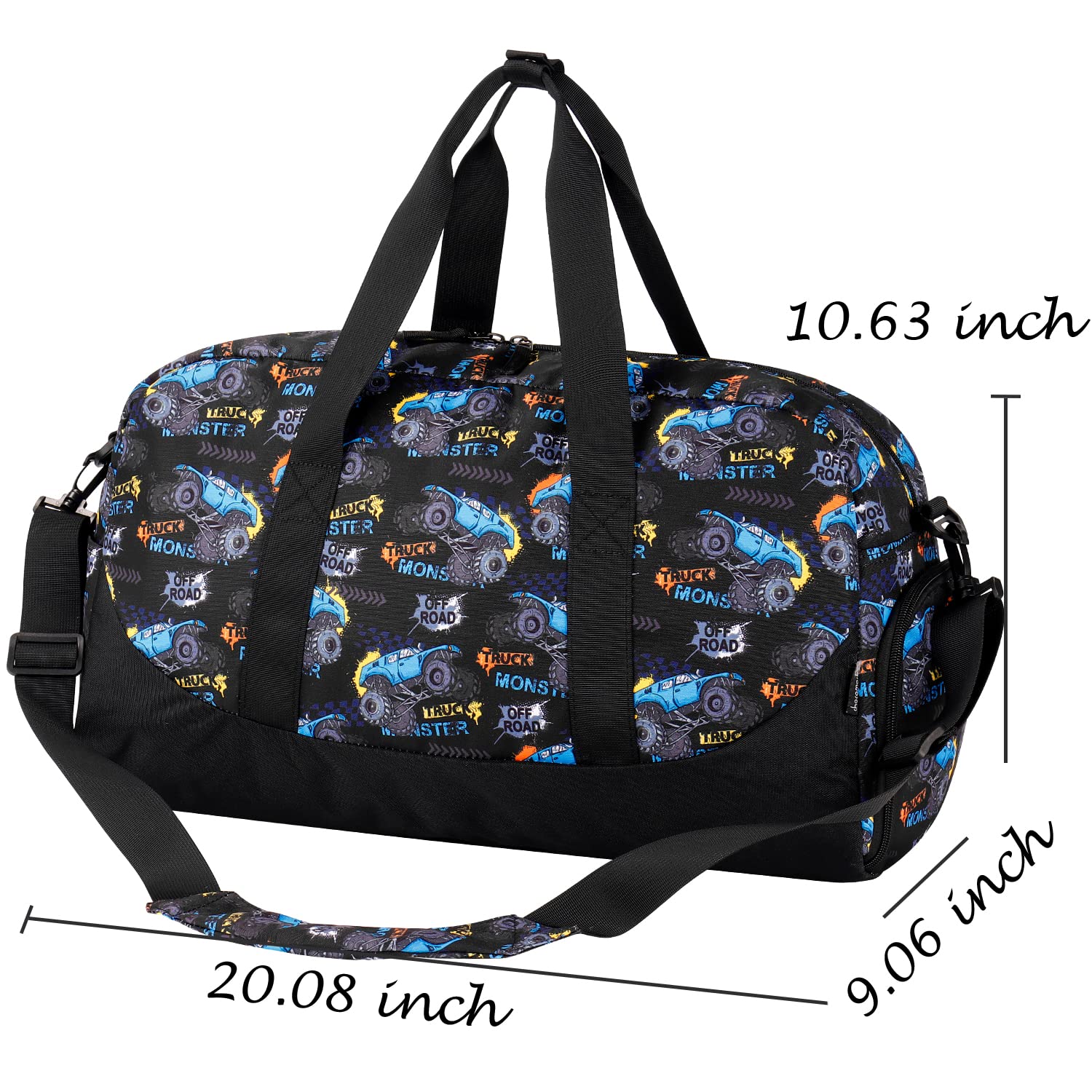 Choco Mocha Monster Truck Duffle Bag for Boys - Kids Travel Overnight Bag for Toddler Sleepovers & Weekend Trips - Black Backpack for School, Sports & Adventure