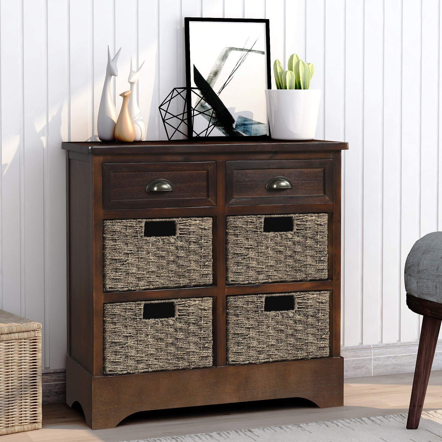 Vintage Wooden Storage Cabinet with 2 Drawers & 4 Wicker Baskets - Espresso Brown Entryway Organizer for Kitchen, Dining Room, Living Room | Farmhouse Home Decor for Clutter-Free Spaces