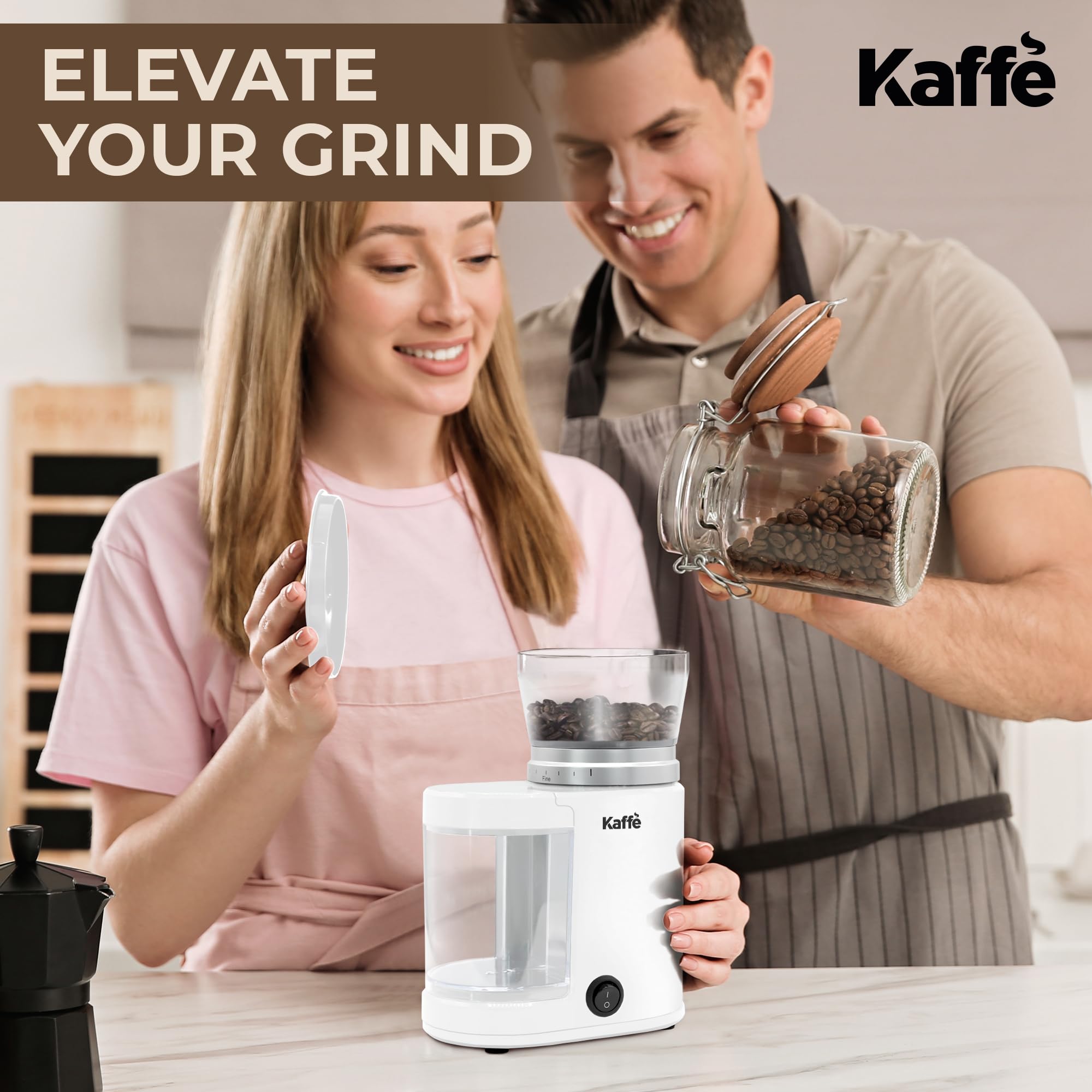 Premium Kaffe Electric Burr Coffee Grinder 5.5oz - Adjustable Coarseness Settings & Flat Burr Design - Upgraded Motor for Consistent Grinding - Perfect for Espresso, French Press & Drip Coffee - Ideal Home Coffee Bean Grinder (White)