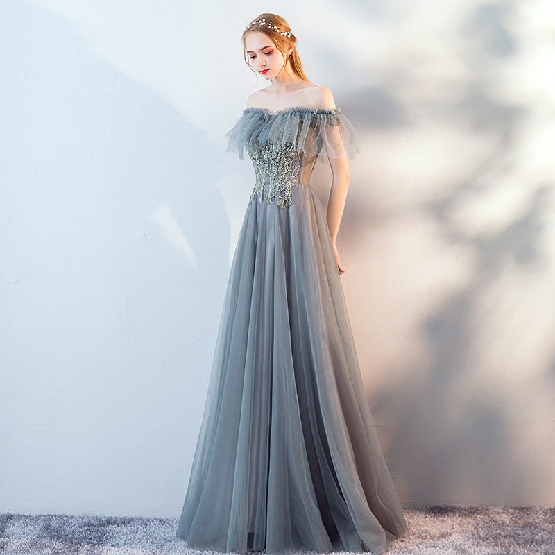 Elegant Off Shoulder Gray Long Prom Dress - A-Line Tulle Formal Evening Gown for Women - Perfect for Homecoming, Wedding Guest, and Special Occasions