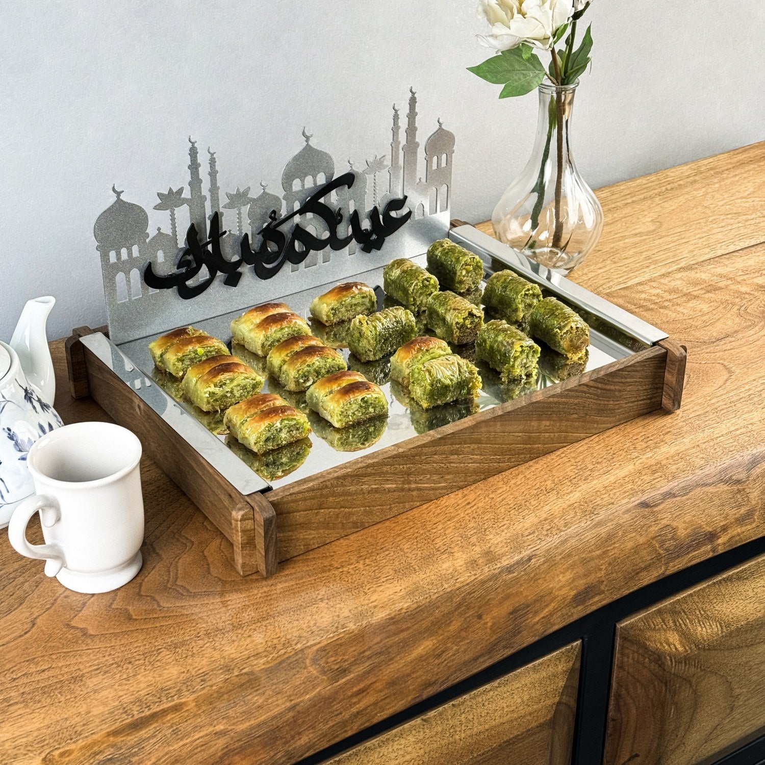 Premium Ramadan Serving Tray - Handcrafted Solid Walnut Wood & Decorative Metal Islamic Tray for Iftar, Eid Celebrations & Home Decor