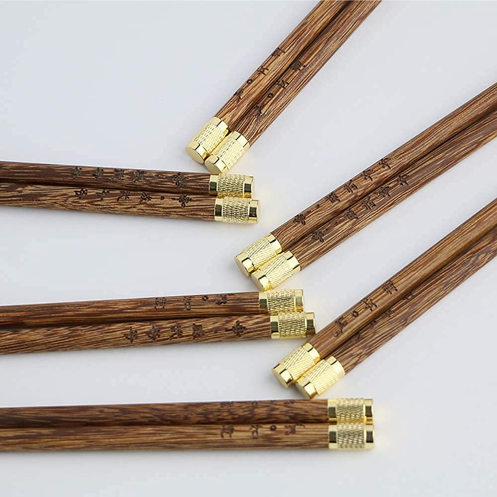 Premium Reusable Metal and Wooden Chopsticks Set - 5 Pairs Food Grade Stainless Steel & Wood Chopsticks for Sushi, Noodles, Rice - Non-Slip, Dishwasher Safe, 25cm/9.2