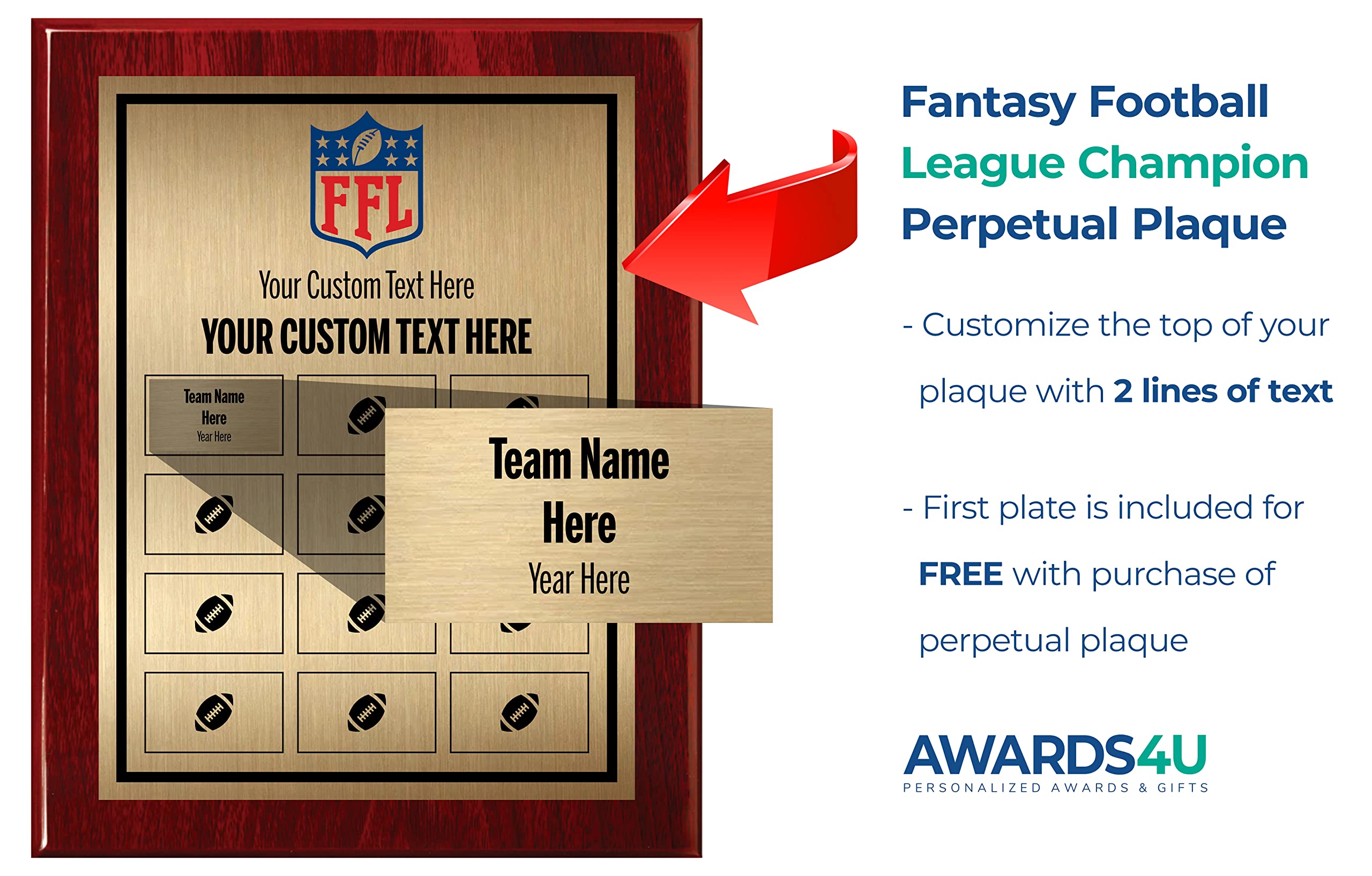 Custom Fantasy Football Trophy Plaque with Personalized Plates - Perpetual League Award for FFL Winners - Engraved Name & Team Options - Perfect for Championship Celebrations & Sports Memorabilia Displays