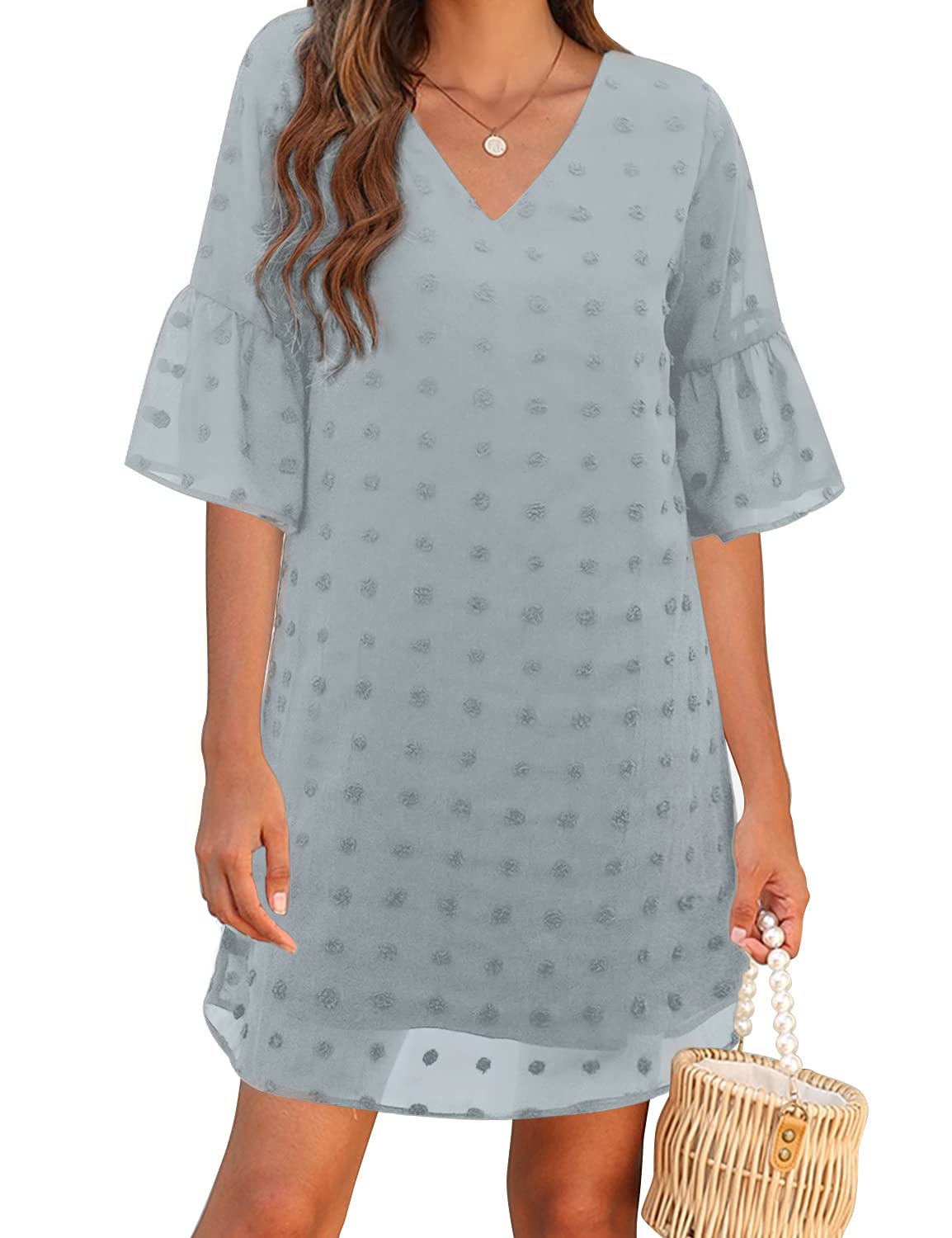 Blooming Jelly Women's White Summer Dress - Short Sleeve V-Neck Ruffle Chiffon Flowy Shift Mini Dress for Casual Outings & Beach Vacations