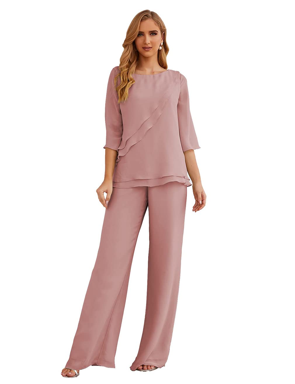 Elegant Women's Chiffon 2-Piece Pant Suit Set - Half Sleeve Mother of The Bride Outfit & Wedding Guest Dress for Formal Occasions, Parties & Special Events