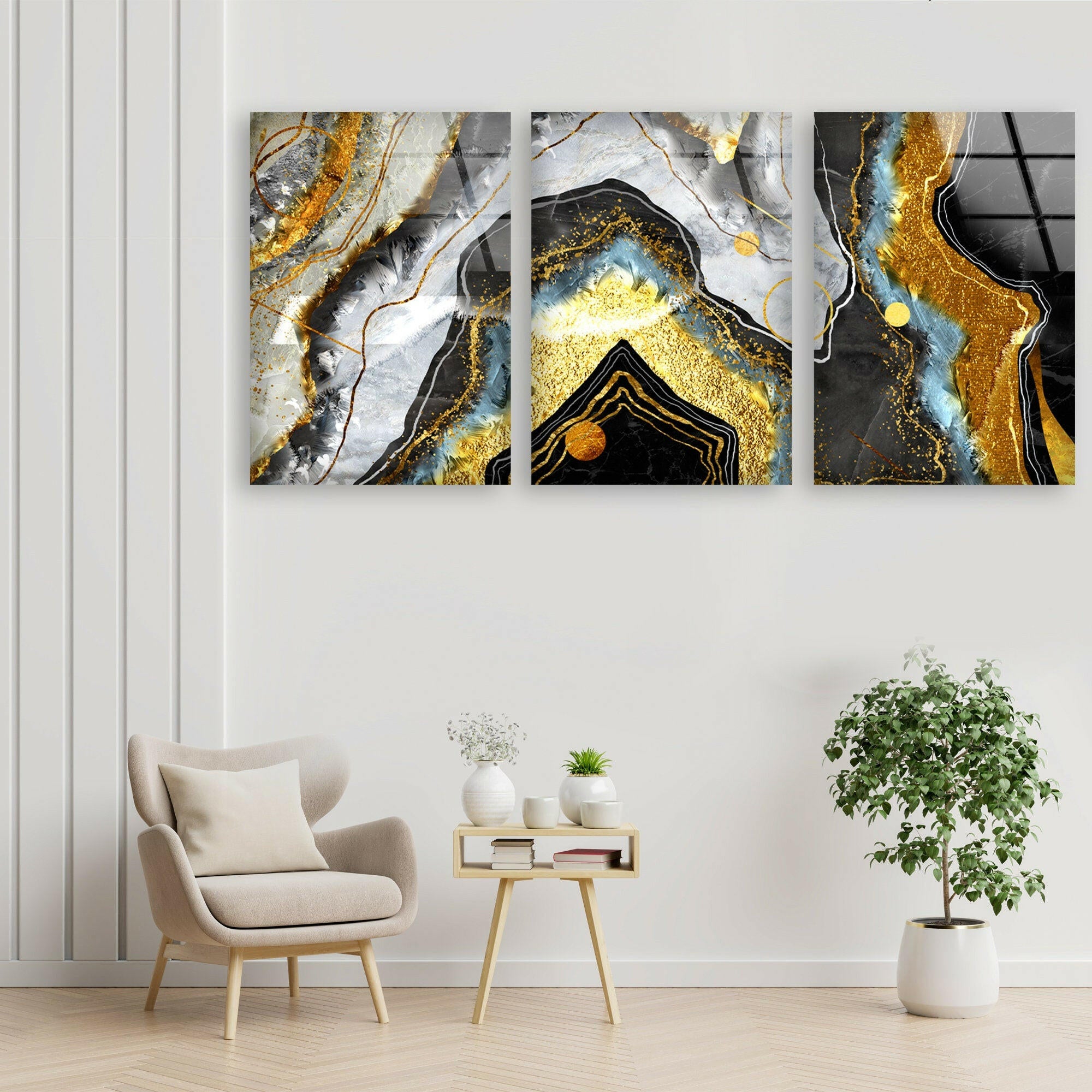 Black & White Gold Shimmer Marble Glass Wall Art - Elegant Home Decor for Living Room, Bedroom & Office