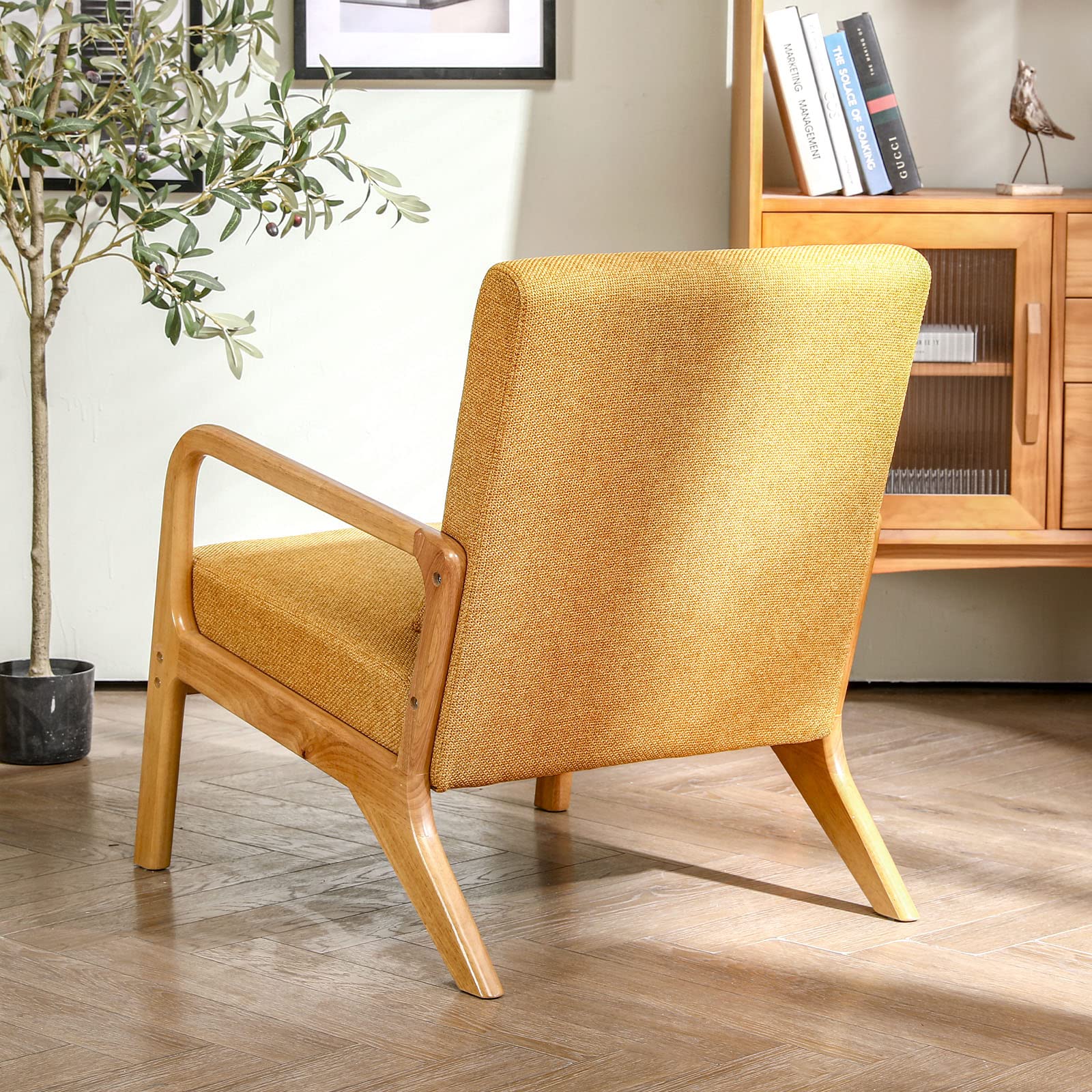 Mid-Century Modern Accent Chair - Upholstered Premium Linen Fabric Armchair with Solid Wood Frame Legs - Comfortable Living Room Lounge Chair for Bedroom, Office or Reading Nook (Yellow, 1 Piece) - Perfect for Small Spaces, Apartments and Cozy Home Decor