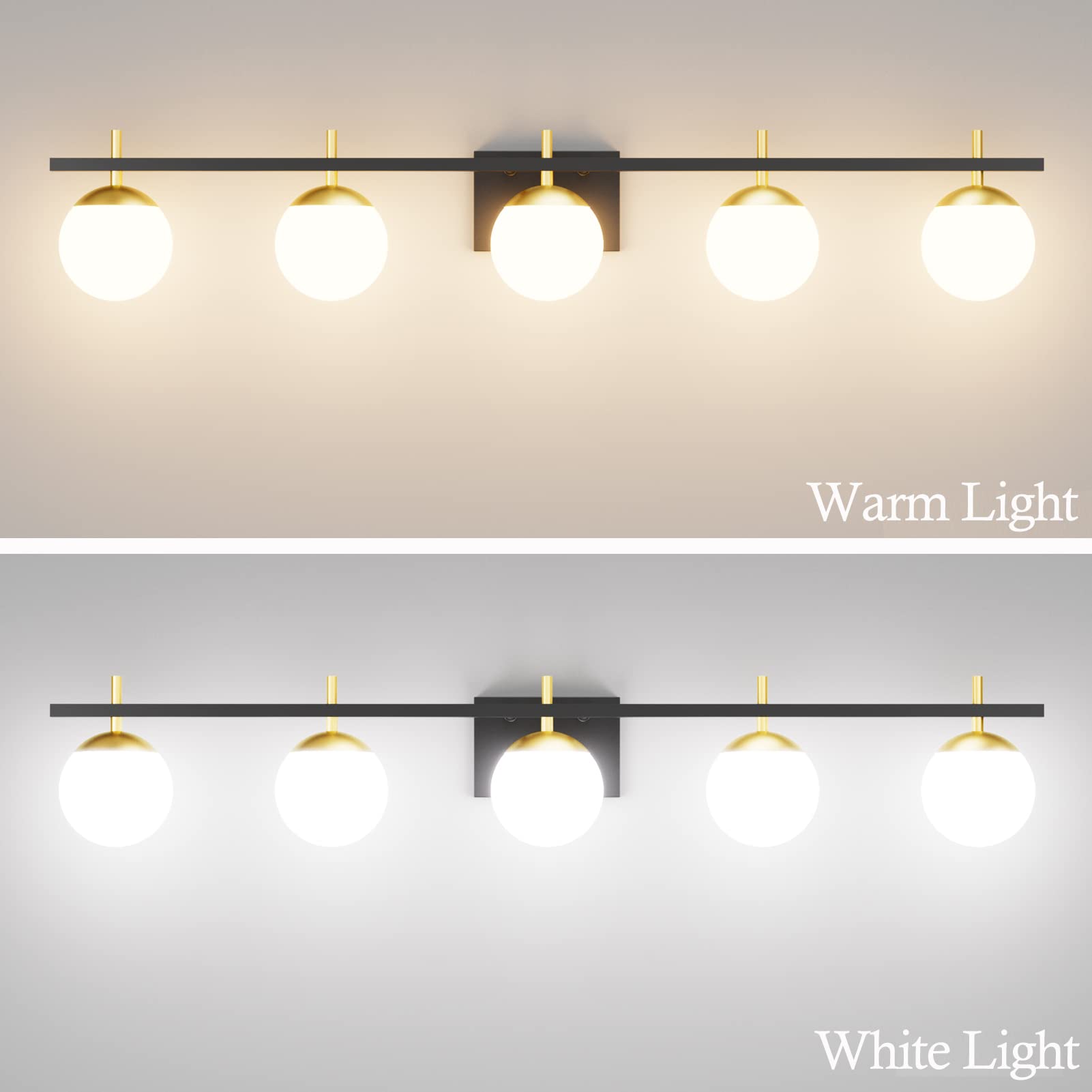 Ralbay Mid Century Modern Vanity Light Fixture - 5 Light Milky Glass Globe Bathroom Sconce for Mirror Lighting, Black/Gold Finish - Perfect for Contemporary Bathroom, Powder Room, and Dressing Area Illumination