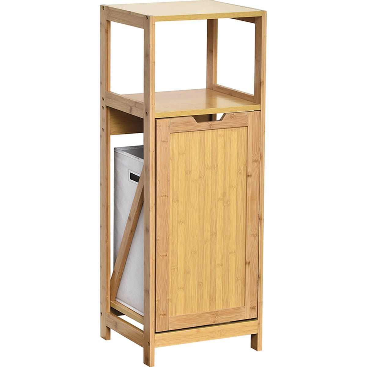 Stylish Bamboo Cabinet with Pull-Out Laundry Basket & Storage Shelf | Space-Saving Organizer for Bedroom, Bathroom, or Laundry Room