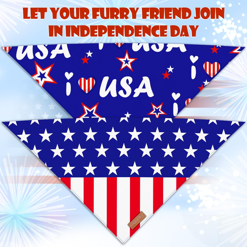 4th of July Dog Bandanas 2 Pack - Reversible American Flag Pet Scarf for Small, Medium, Large & XL Dogs & Cats - Patriotic Memorial Day Pet Accessories for Independence Day, Veterans Day & National Holidays