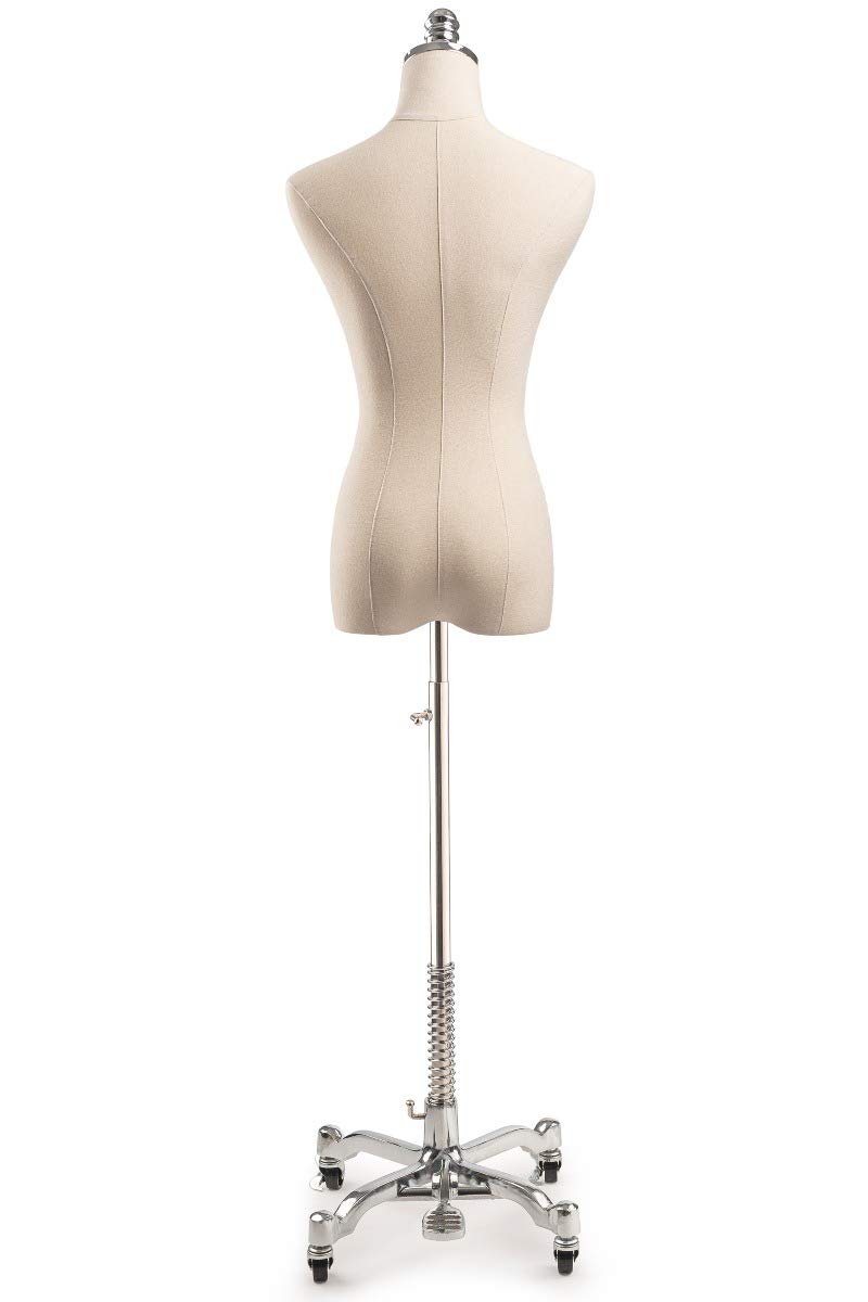 TSC Medium Chrome Female Dress Form Mannequin - Adjustable Natural Canvas Display on Rolling Metal Base for Fashion Design, Tailoring & Boutique Displays