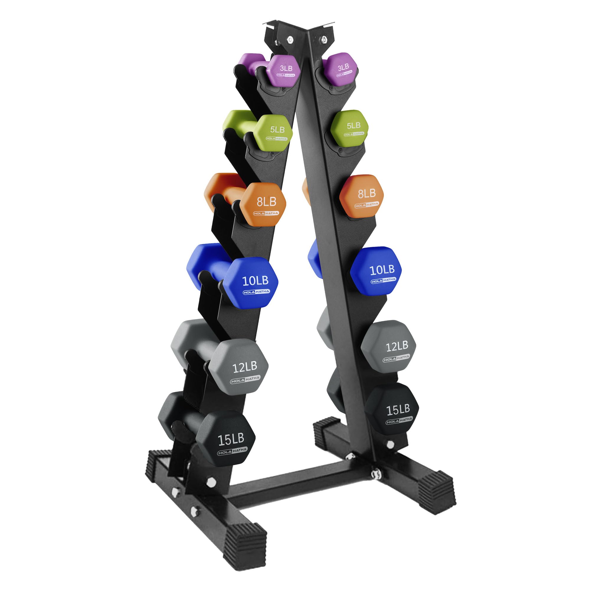 HolaHatha Neoprene Dumbbell Set with Storage Rack - 5-15lbs Free Weights for Home Gym, Strength Training & Toning | Perfect for HIIT, Yoga & Full-Body Workouts