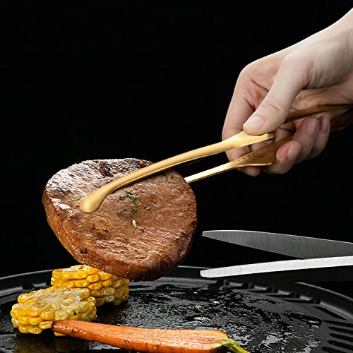 Premium Stainless Steel Grill Tongs - 12 Inch Self-Standing Kitchen Tongs for Cooking, BBQ, Salad, Buffet & Camping - Perfect for Korean & Japanese Barbecue, Oven Use & Serving - Pack of 1 (Gold)