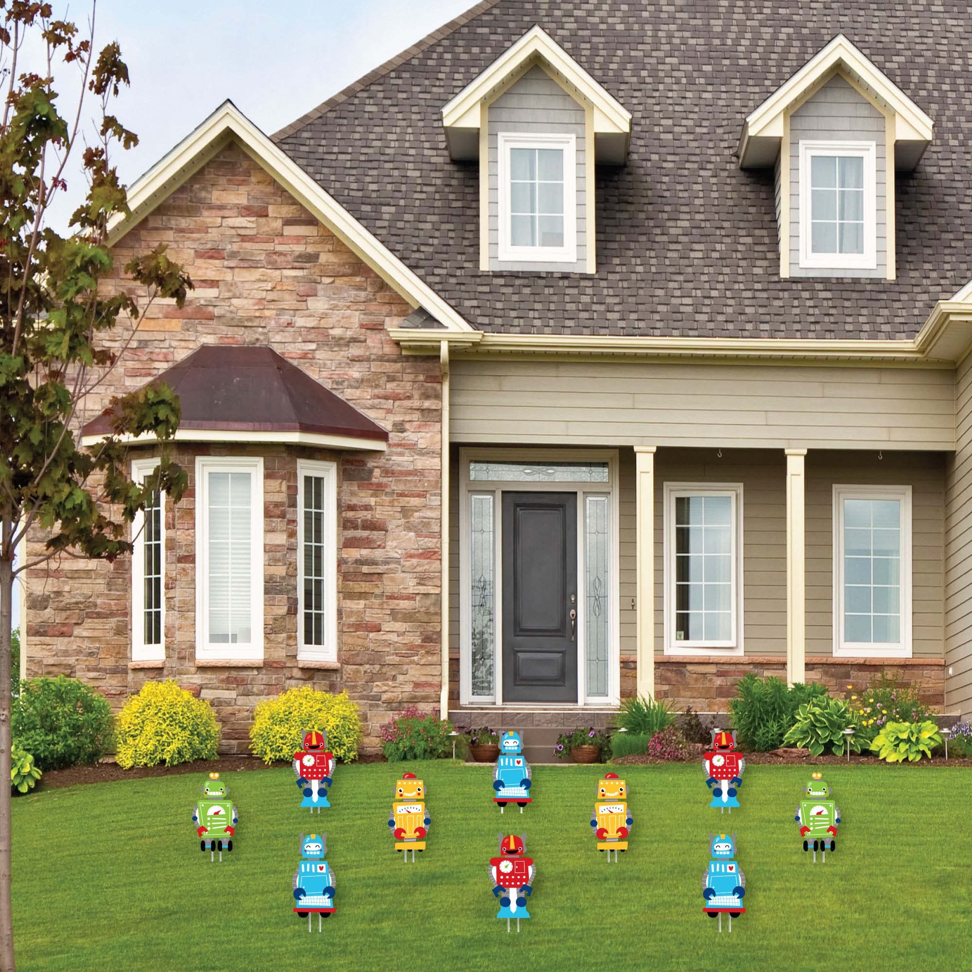 Big Dot of Happiness Gear Up Robots - 10-Piece Outdoor Lawn Decorations Set for Birthday Parties, Baby Showers, and Garden Decor - Perfect for Kids' Events and Backyard Celebrations