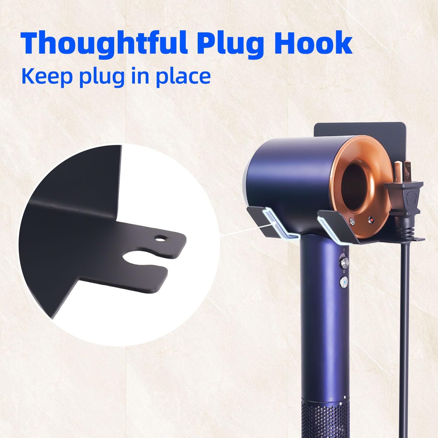 PTALSEAW Wall Mount Hair Dryer Holder - Self Adhesive Blow Dryer Organizer for Dyson & Other Hair Tools, Black Bathroom Cabinet Accessory - Perfect for Salon, Home & Travel Use