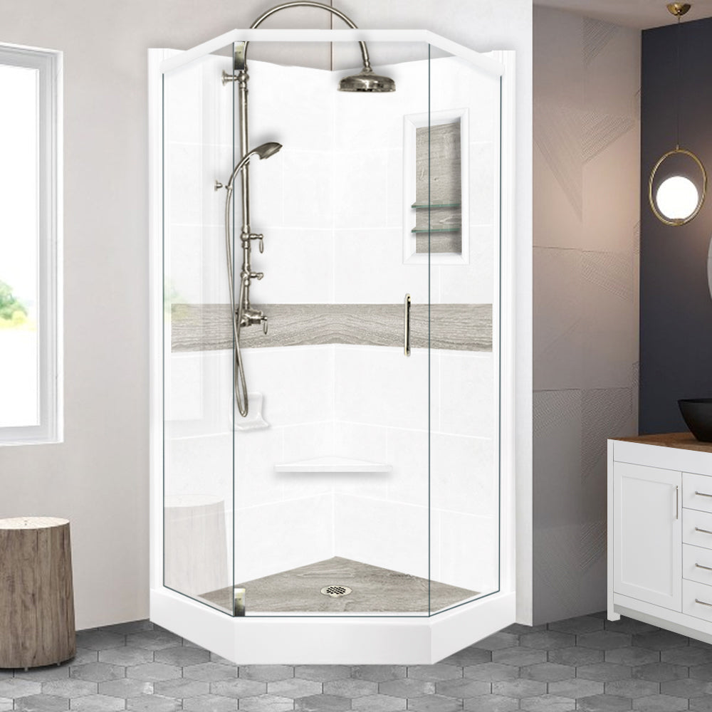 DIY Shower Remodel Kit - Neo Angle Natural Buff Sistine Stone & Sterling Oak Wood Accent | Waterproof Bathroom Upgrade for Modern Homes | Perfect for Bathroom Renovation & Luxury Spa Experience