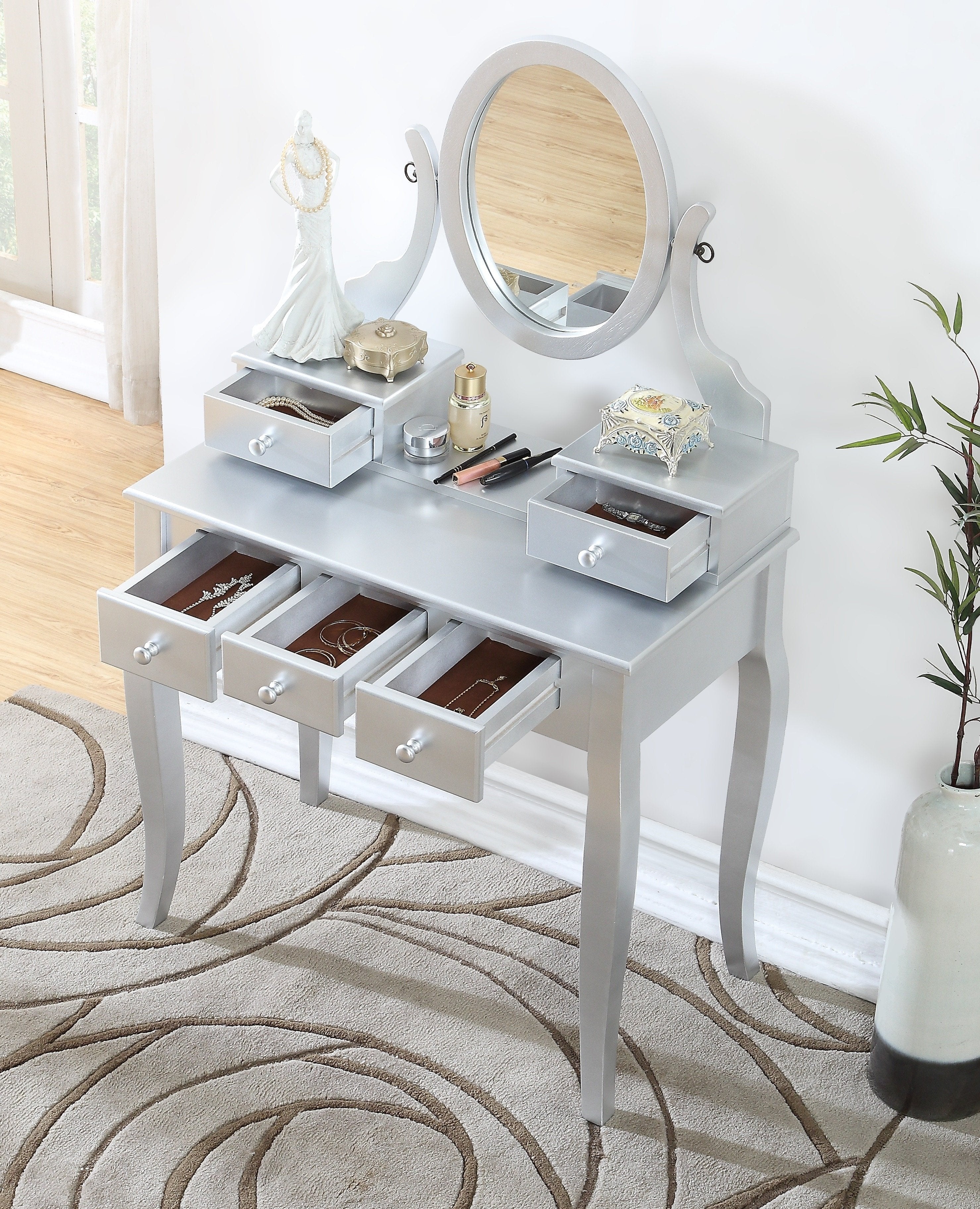 Ashley Silver Wood Makeup Vanity Table with Stool Set - Modern Dressing Table with Mirror for Bedroom, Bathroom & Salon | Roundhill Furniture