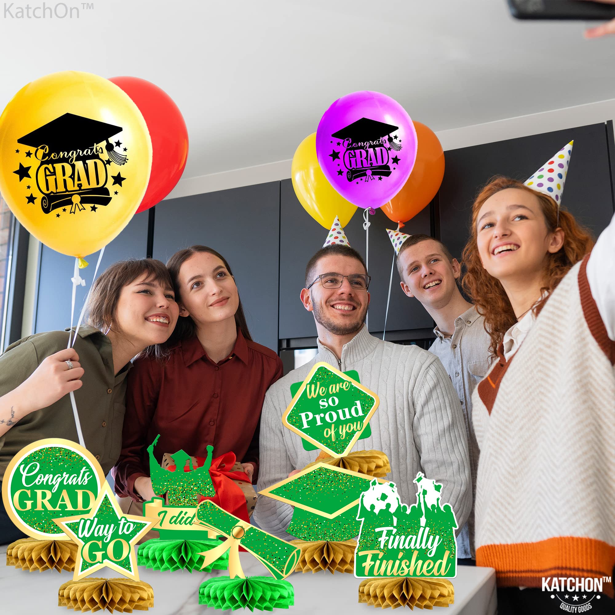 KatchOn Light Green & Gold Graduation Centerpieces for Tables 2025 - Pack of 9 Honeycomb Decorations | Congrats Grad Party Supplies | Perfect for Graduation Ceremonies, Banquets & Photo Backdrops